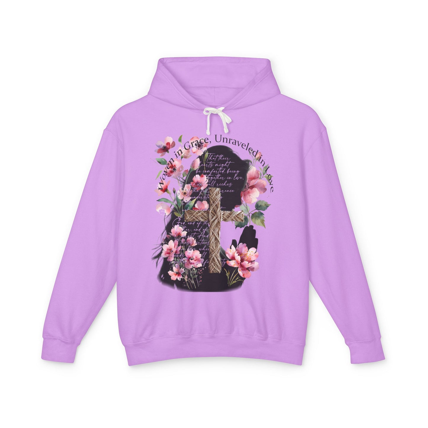 Woven in Grace Hoodie - Pink Floral Faith Verse Pullover with Cross & Prayer Silhouette