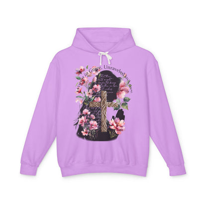 Woven in Grace Hoodie - Pink Floral Faith Verse Pullover with Cross & Prayer Silhouette