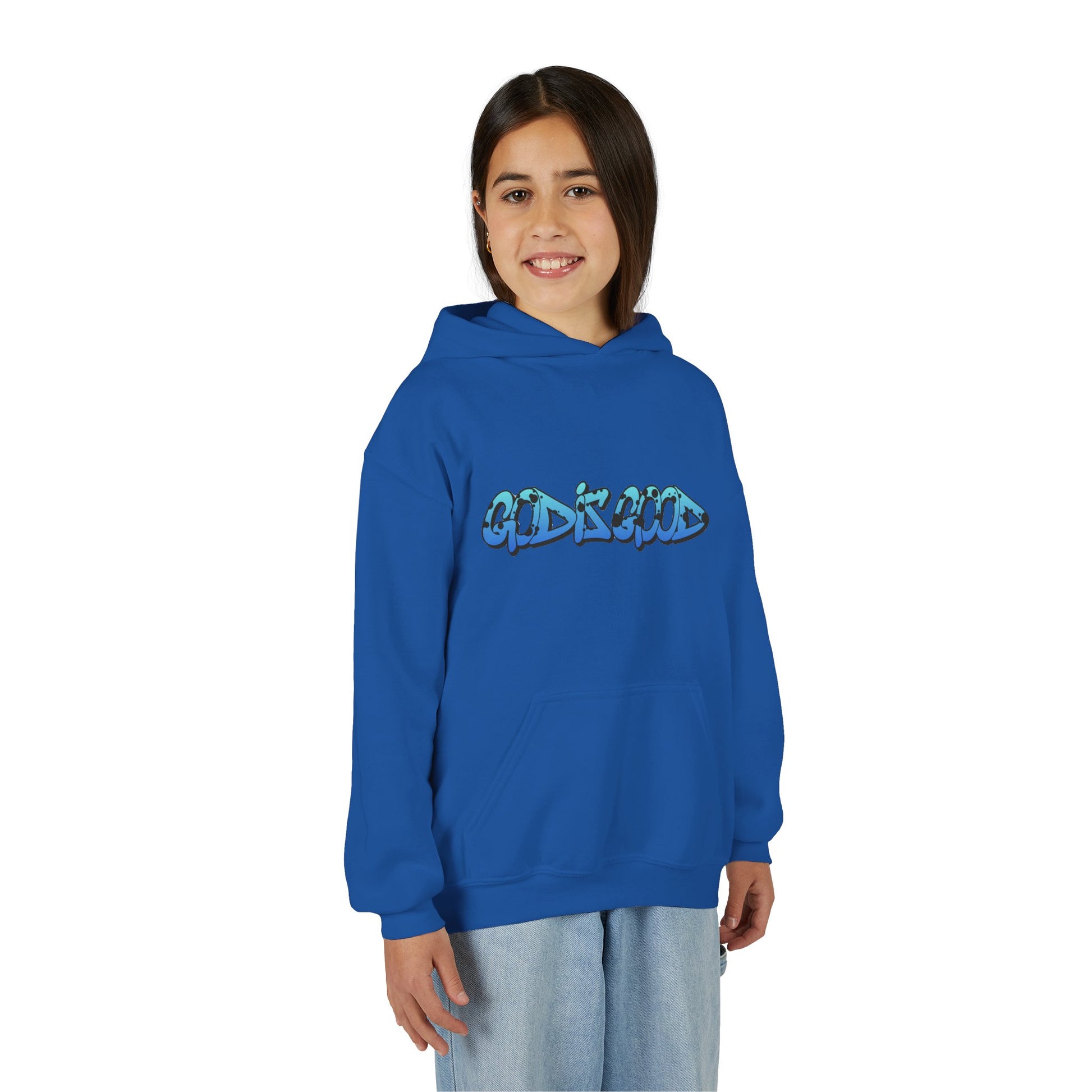 Youth black cotton hoodie with 'God is Good' text in bold white, Christian faith design for teens

