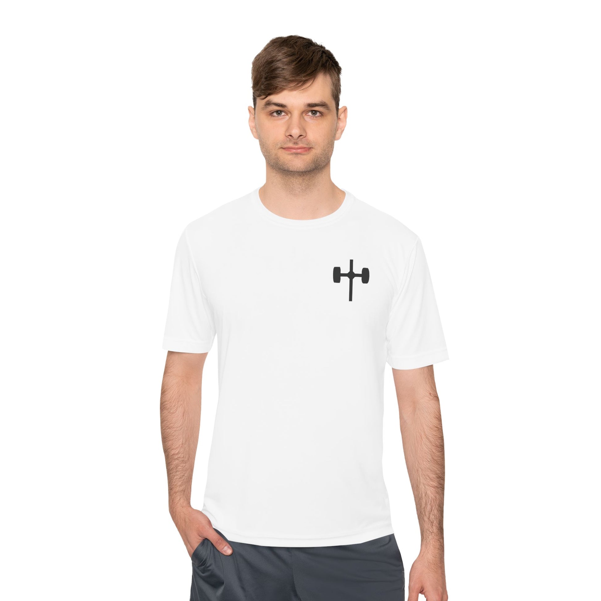 Men's black moisture-wicking performance tee with 'Pray, Train, Sleep, Repeat' text and barbell-cross graphic, Christian fitness apparel.

