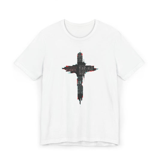 Glitched Cross Christian T-Shirt | Minimalist Bible Verse Grace Tee | Edgy Cyber Faith Streetwear | 2 Corinthians 12:9 Glitch Art