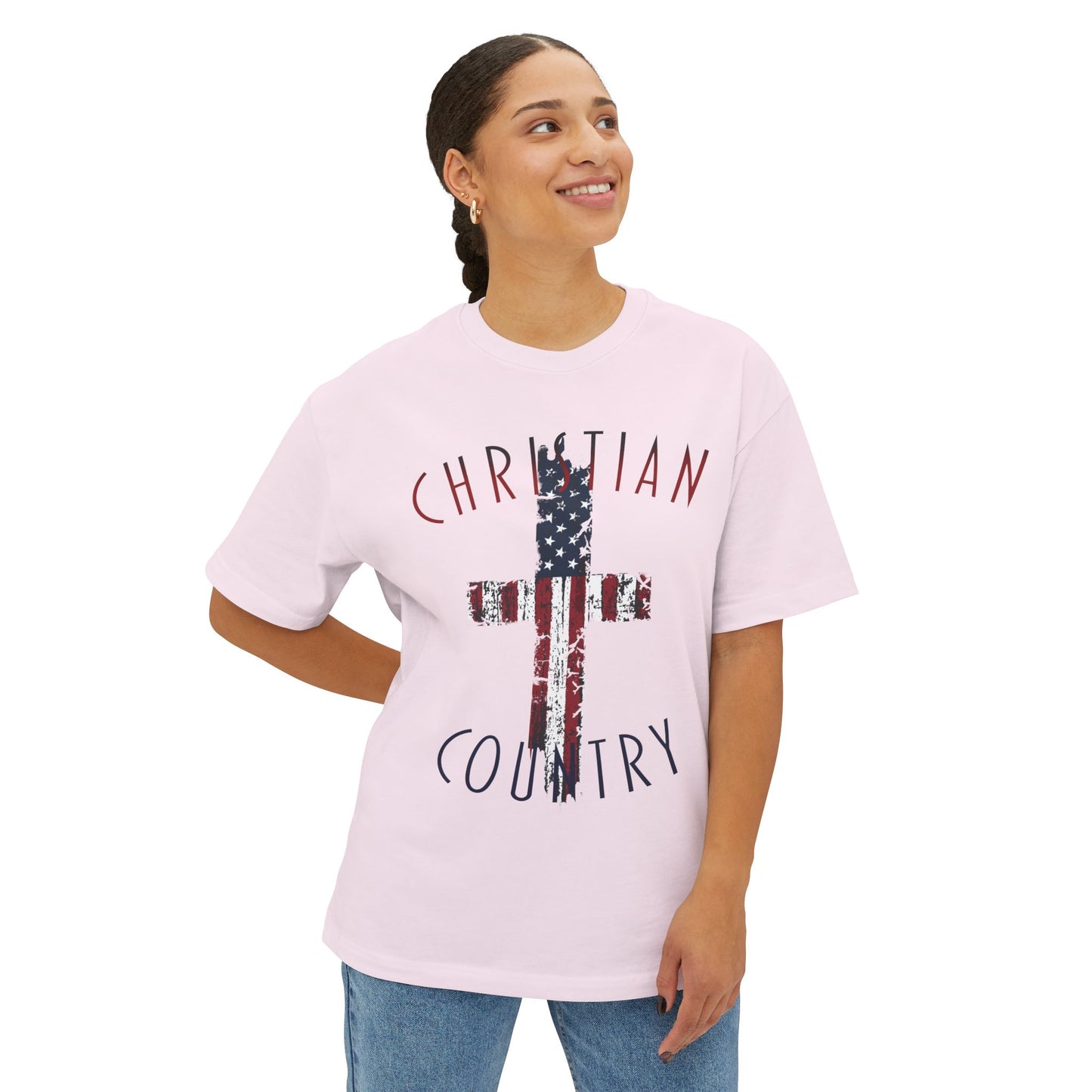 Christian Country American Flag Cross Oversized Box T-Shirt