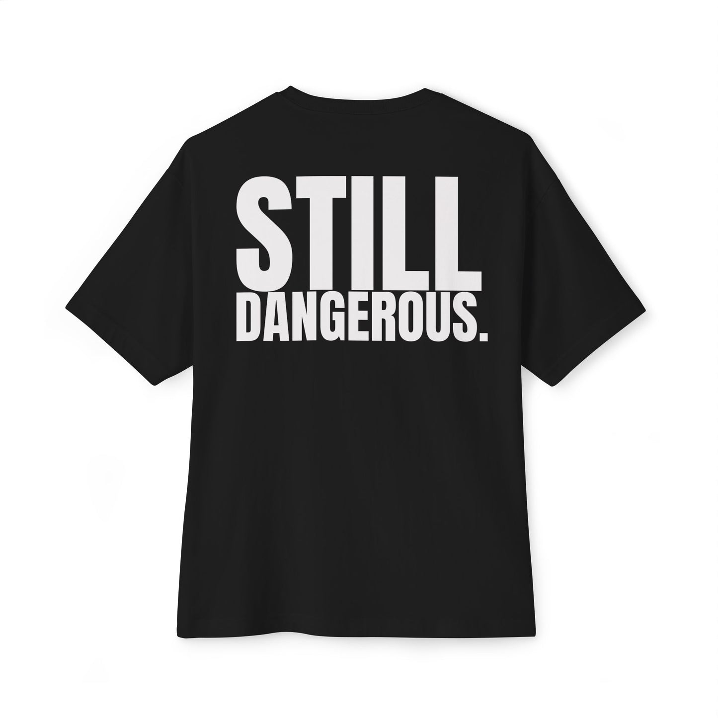 Close-up of Forgiven Still Dangerous Christian streetwear tee in black showing high-neck Forgiven text placement.