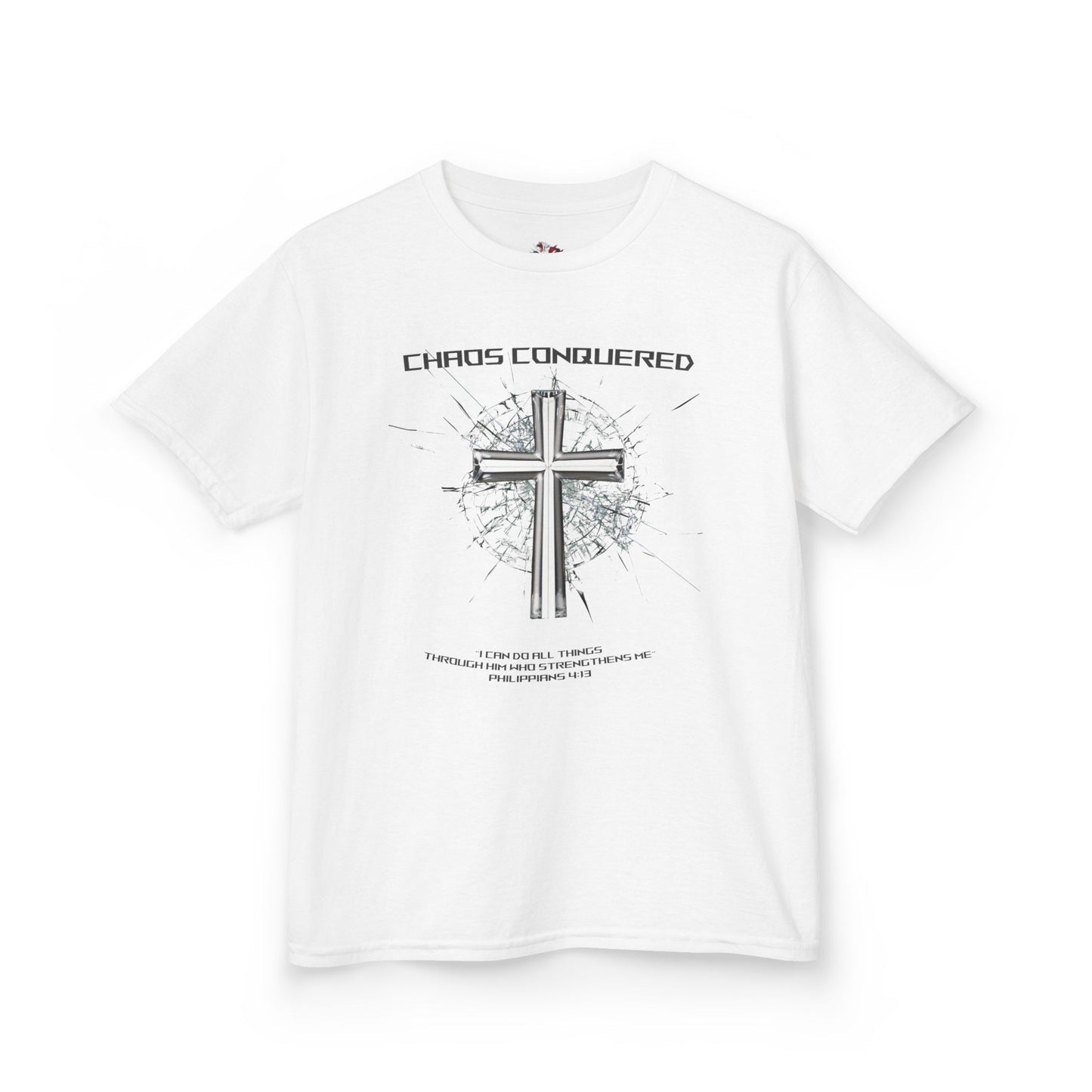 Chaos Conquered Christian Kids T-Shirt | Philippians 4:13 Boys Faith Tee – Inspirational Bible Verse Apparel for Young Warriors