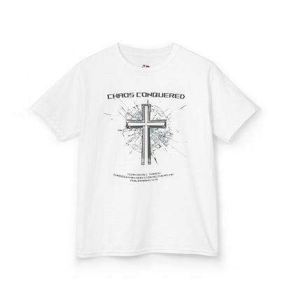 Chaos Conquered Christian Kids T-Shirt | Philippians 4:13 Boys Faith Tee – Inspirational Bible Verse Apparel for Young Warriors