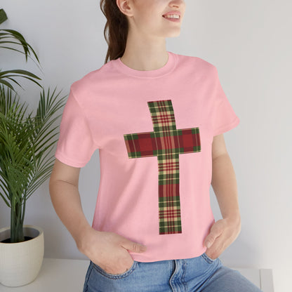 Plaid Cross Christmas Tee – Rustic Faith Holiday T-Shirt