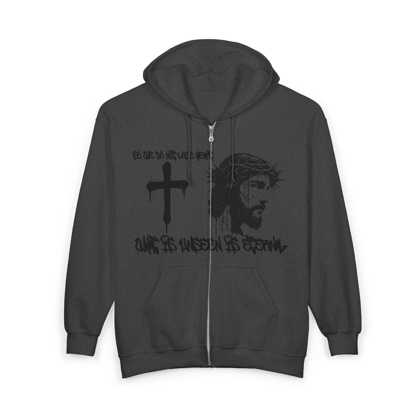 Eternal Jesus Graffiti Zip-Up Hoodie | So We Do Not Lose Heart 2 Corinthians 4:16 Christian Warrior Sweatshirt | Distressed Spray Paint Faith Apparel Men Women