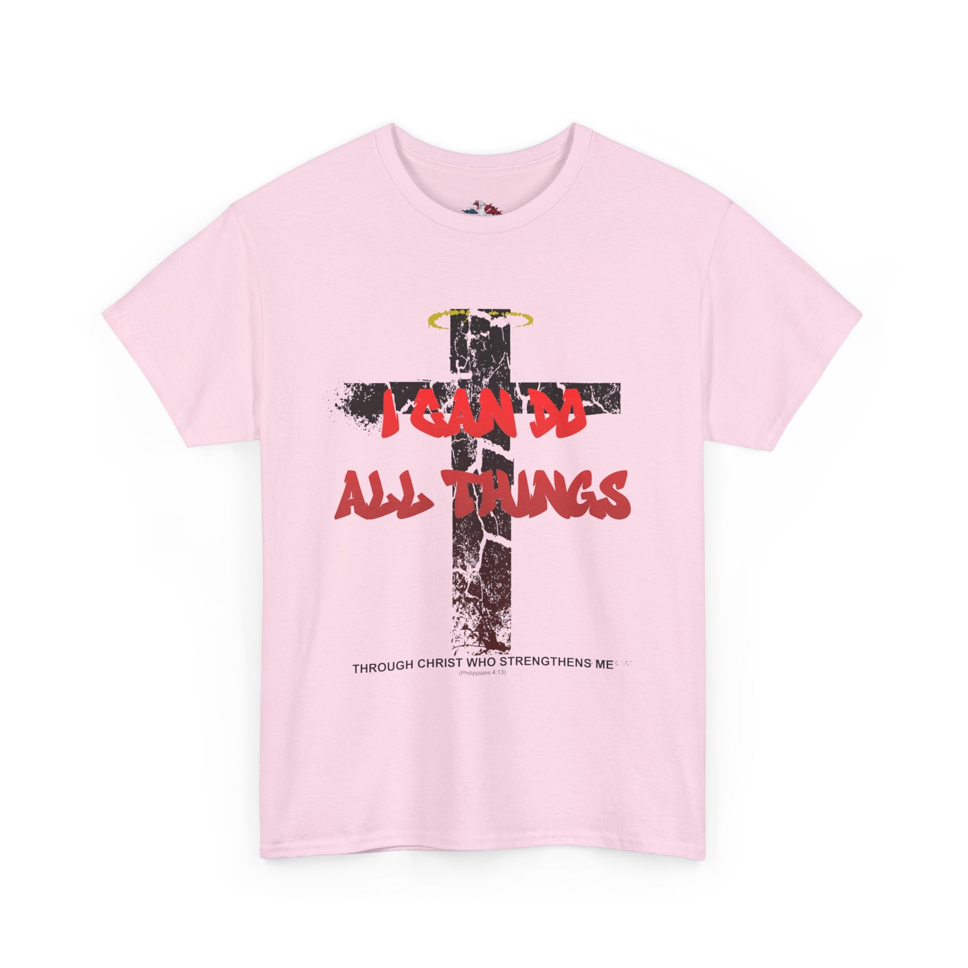 Shattered Cross Graffiti Philippians 4:13 Christian t-shirt with red distressed text integrated into cracked cross  

