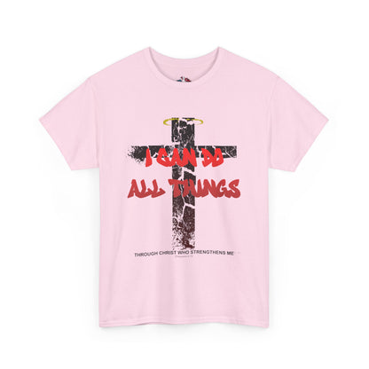Shattered Cross Graffiti Philippians 4:13 Christian t-shirt with red distressed text integrated into cracked cross  

