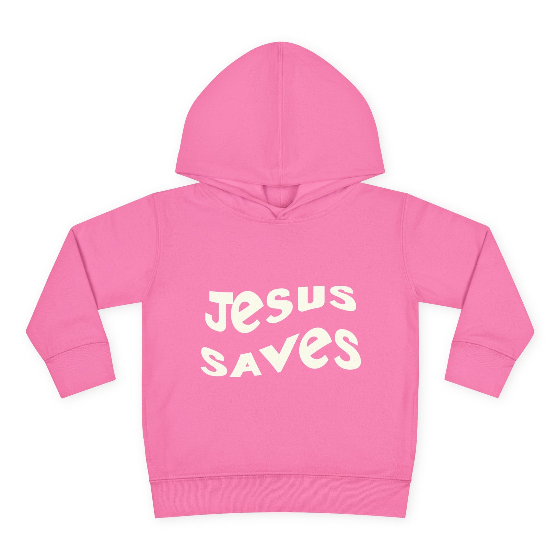 Kids' hoodie with 'Jesus Saves' text and cross graphic, vibrant Christian faith apparel for children.