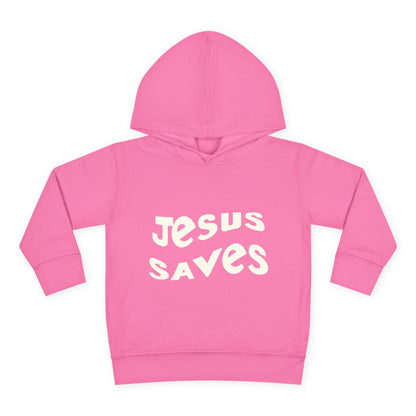 Kids' hoodie with 'Jesus Saves' text and cross graphic, vibrant Christian faith apparel for children.