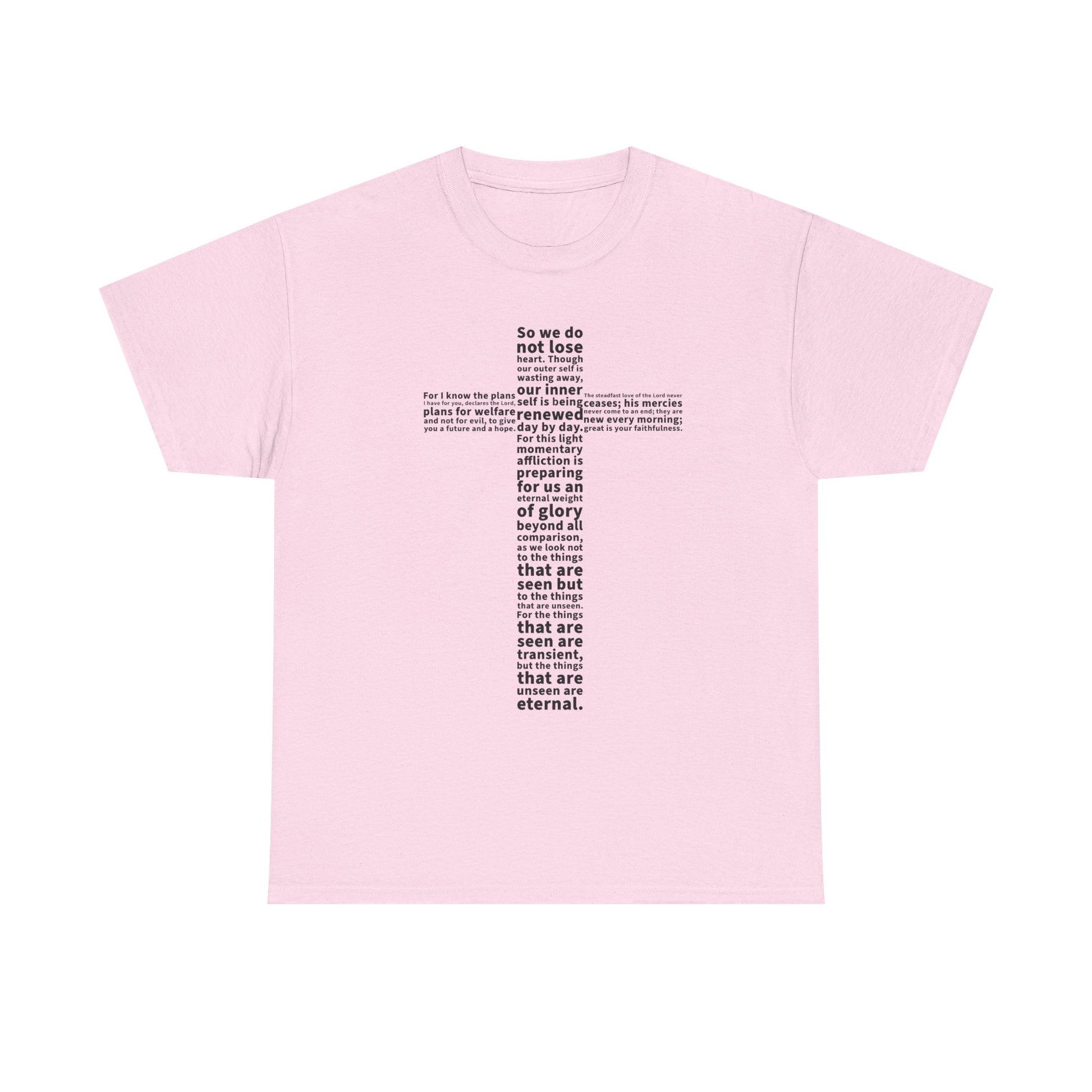 Pink t-shirt with black text on a white background