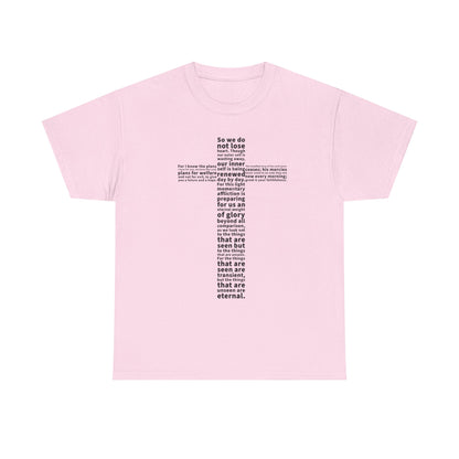 Pink t-shirt with black text on a white background