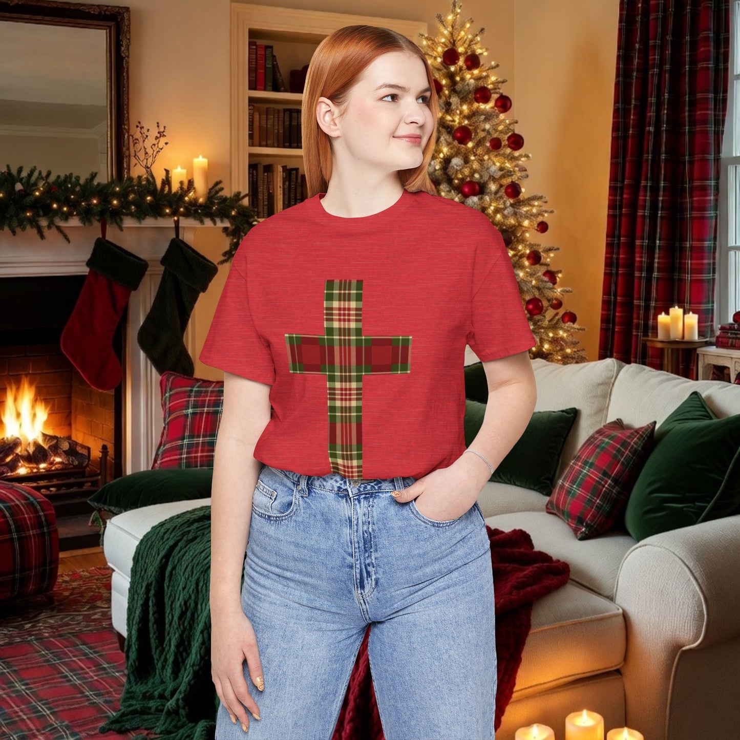 Plaid Cross Christmas Tee – Rustic Faith Holiday T-Shirt