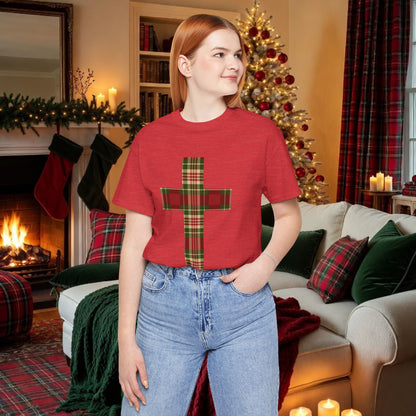 Plaid Cross Christmas Tee – Rustic Faith Holiday T-Shirt