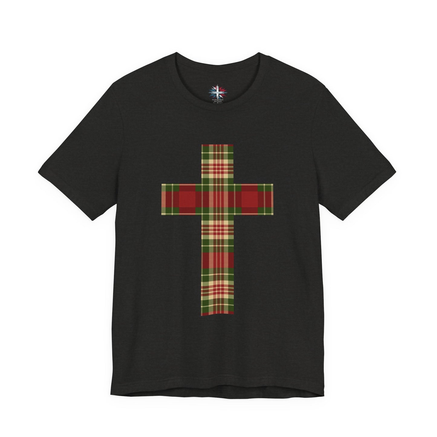 Plaid Cross Christmas Tee – Rustic Faith Holiday T-Shirt