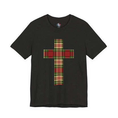 Plaid Cross Christmas Tee – Rustic Faith Holiday T-Shirt