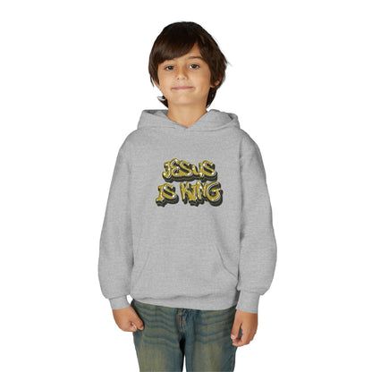 Youth gold on black 'Jesus Is King' hoodie, urban Christian apparel for young believers.

