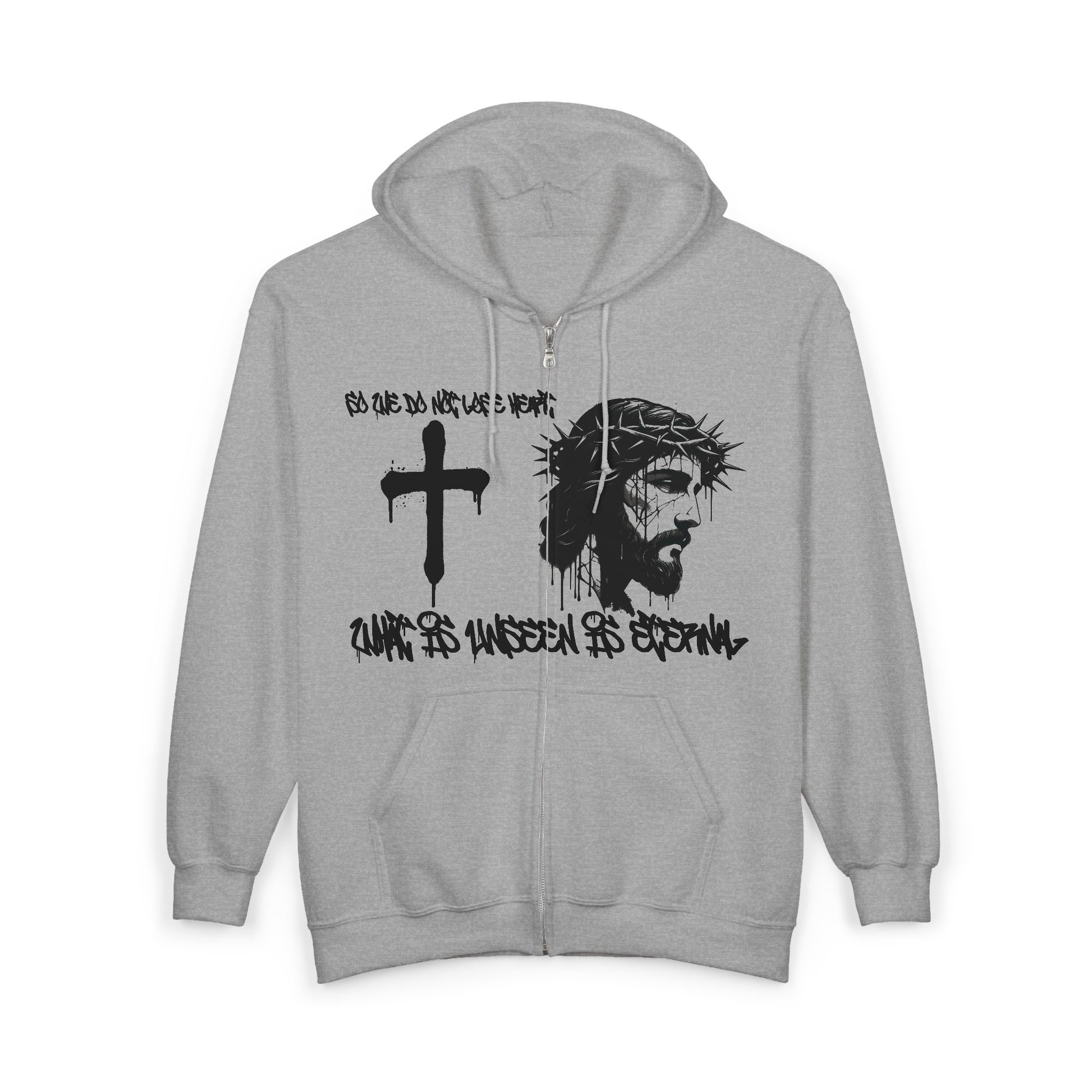 Eternal Jesus graffiti zip-up hoodie in Sport Grey with shattered spray-paint design  

