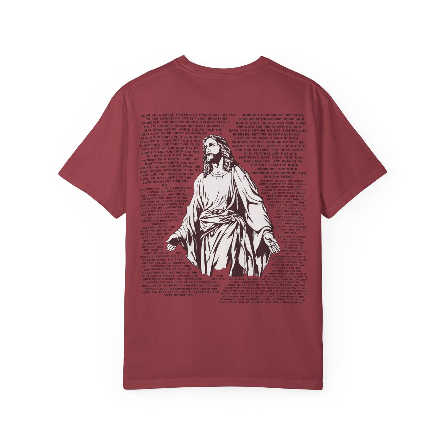 Men's white T-shirt with black cross and John 3:16 Bible verse, Christian faith apparel.

