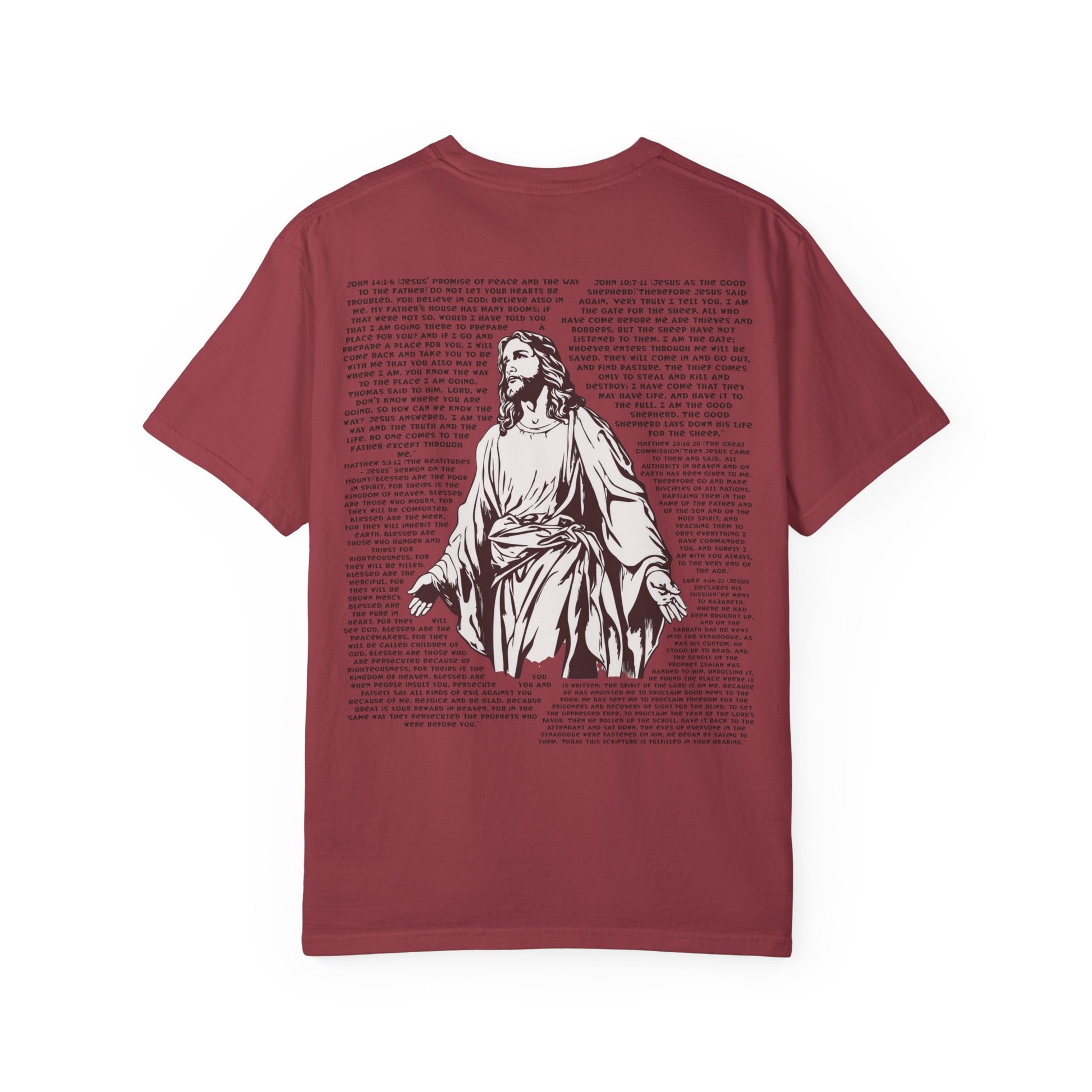 Men's white T-shirt with black cross and John 3:16 Bible verse, Christian faith apparel.

