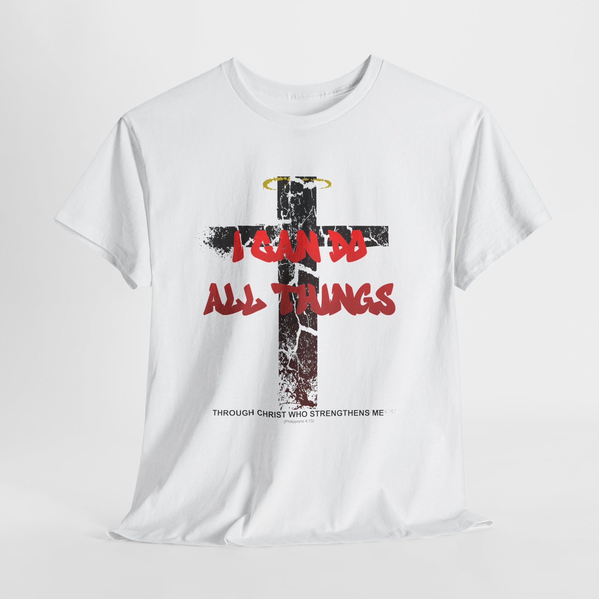Shattered Cross Graffiti Philippians 4:13 Christian t-shirt with red distressed text integrated into cracked cross  

