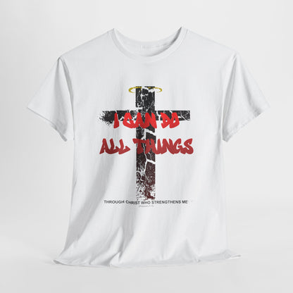 Shattered Cross Graffiti Philippians 4:13 Christian t-shirt with red distressed text integrated into cracked cross  


