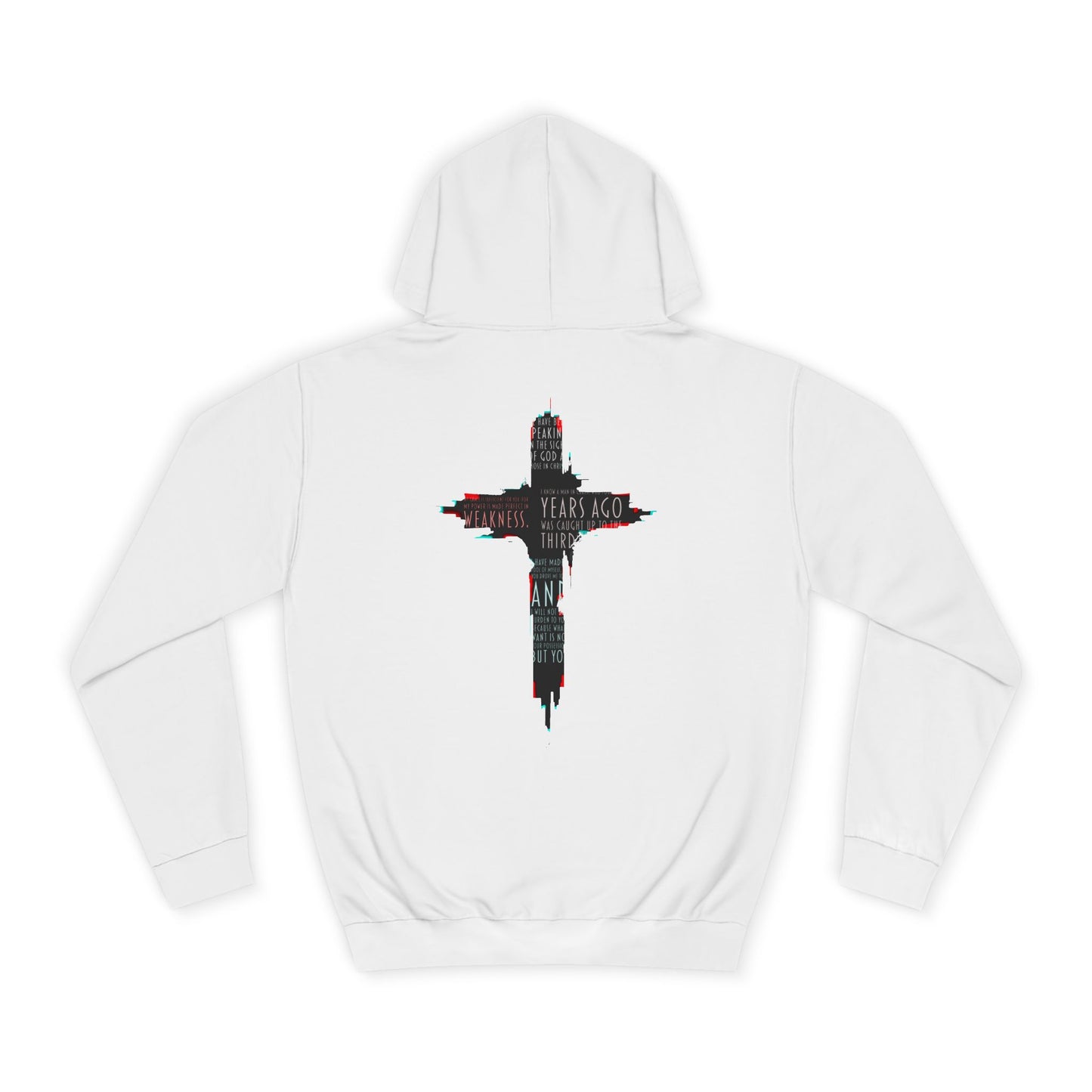 White hoodie with a black and red graphic design on the back against a white background