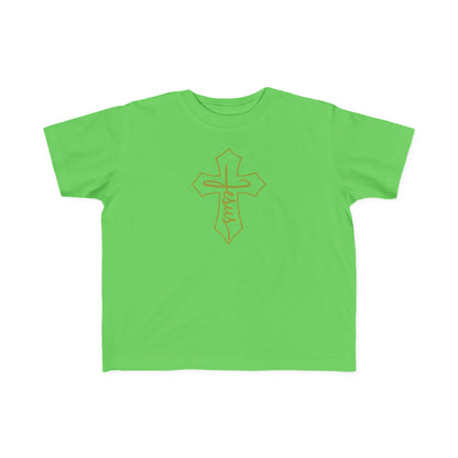 Green t-shirt with a cross design on a white background