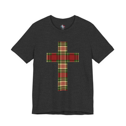 Plaid Cross Christmas Tee – Rustic Faith Holiday T-Shirt
