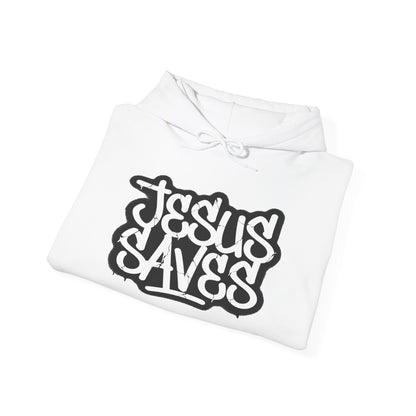 Jesus Saves graffiti hoodie front view white unisex  

