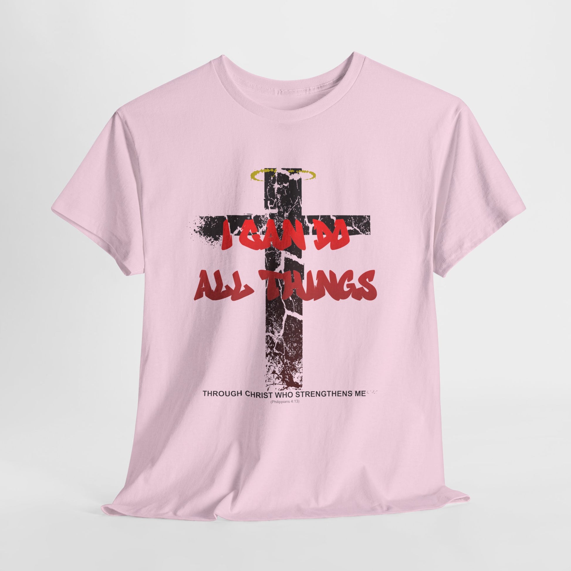 Shattered Cross Graffiti Philippians 4:13 Christian t-shirt with red distressed text integrated into cracked cross  

