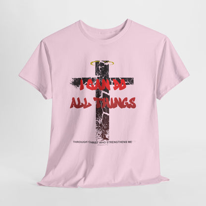 Shattered Cross Graffiti Philippians 4:13 Christian t-shirt with red distressed text integrated into cracked cross  

