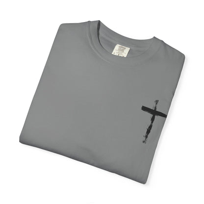 Men's white T-shirt with black cross and John 3:16 Bible verse, Christian faith apparel.

