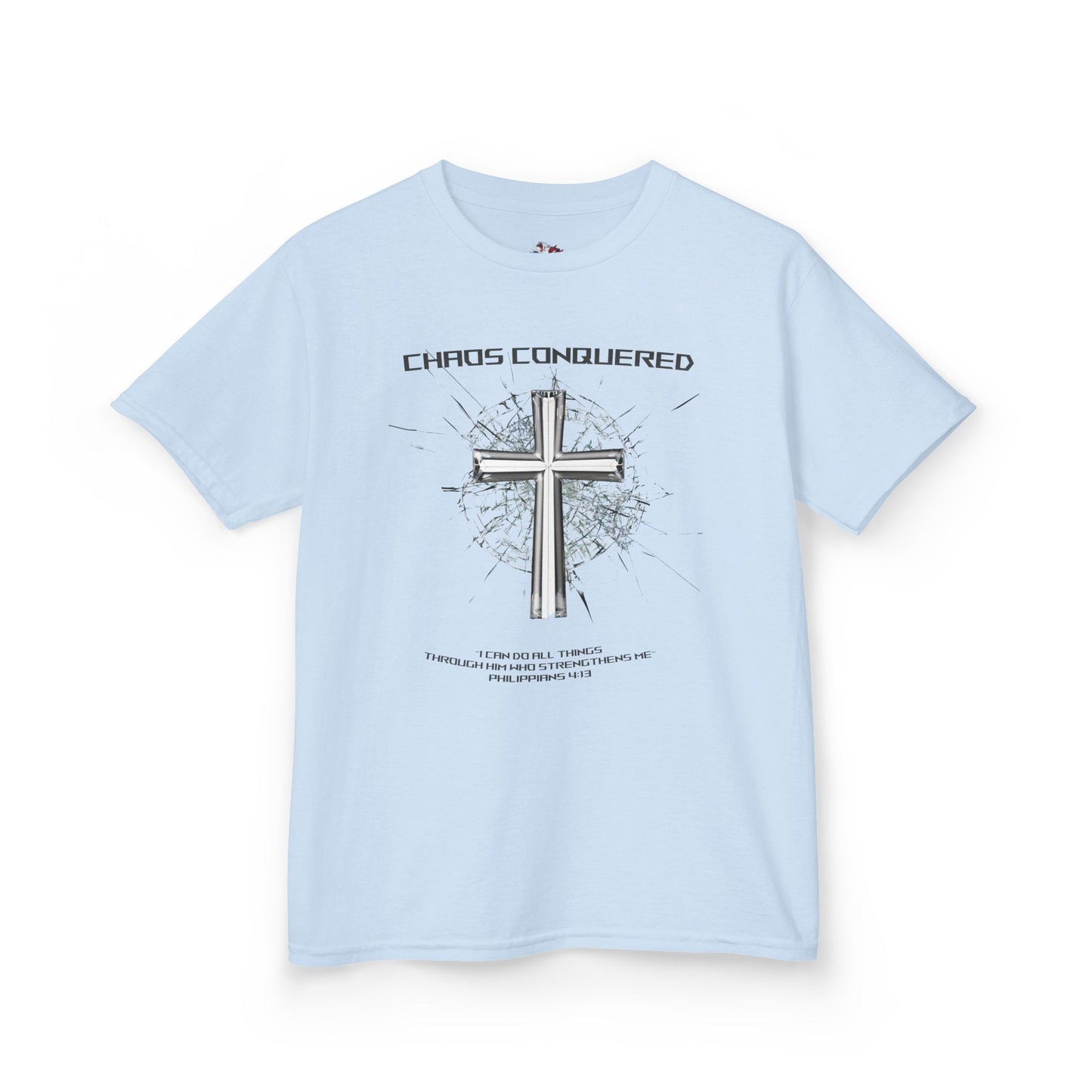 Chaos Conquered Christian Kids T-Shirt | Philippians 4:13 Boys Faith Tee – Inspirational Bible Verse Apparel for Young Warriors