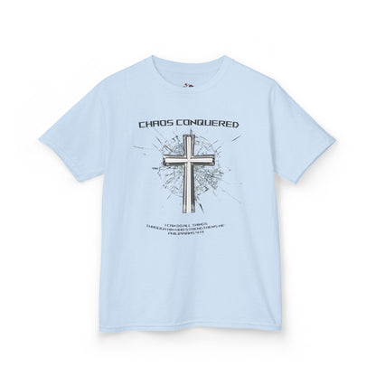 Chaos Conquered Christian Kids T-Shirt | Philippians 4:13 Boys Faith Tee – Inspirational Bible Verse Apparel for Young Warriors