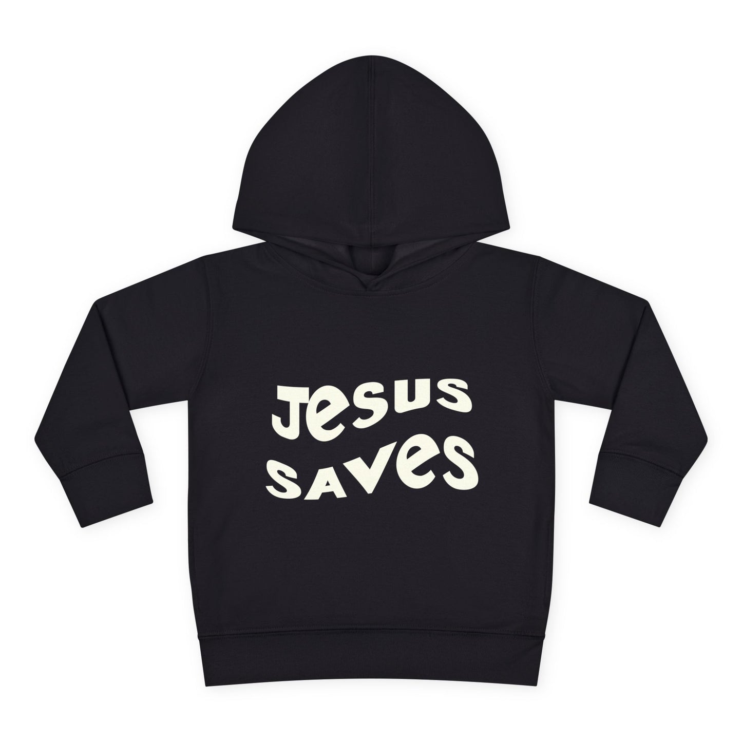 Kids' hoodie with 'Jesus Saves' text and cross graphic, vibrant Christian faith apparel for children.