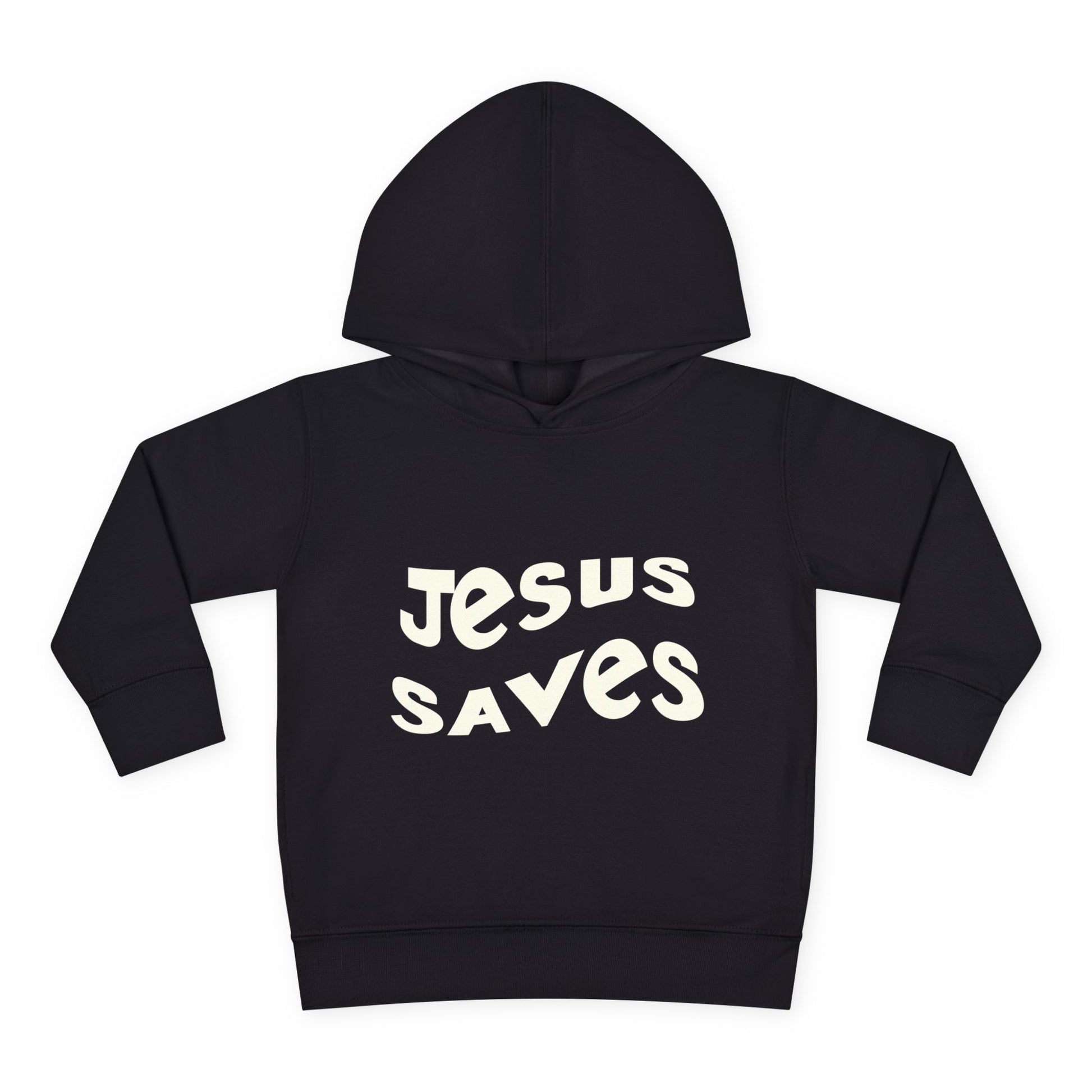 Kids' hoodie with 'Jesus Saves' text and cross graphic, vibrant Christian faith apparel for children.