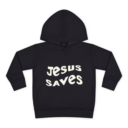 Kids' hoodie with 'Jesus Saves' text and cross graphic, vibrant Christian faith apparel for children.