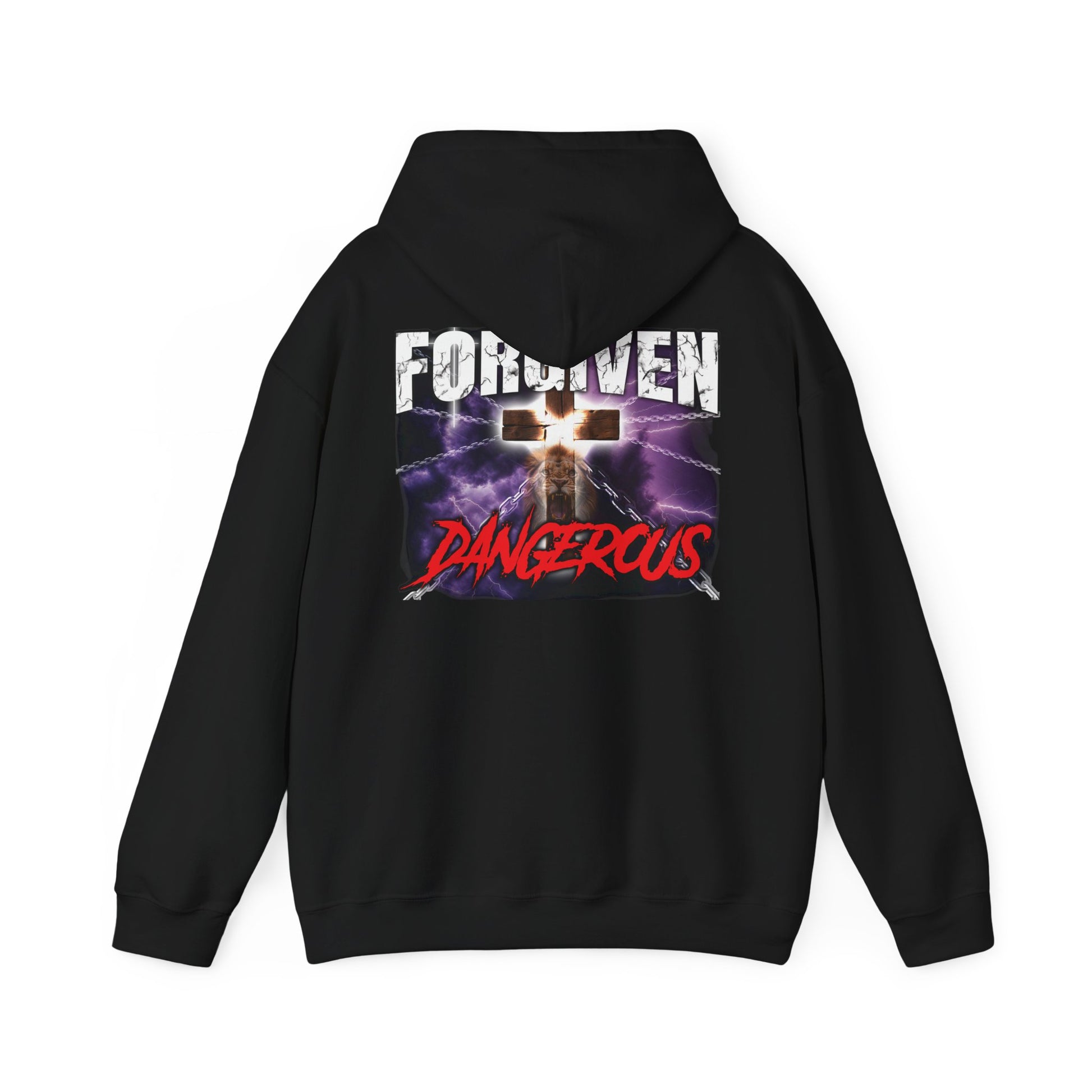  Forgiven & Dangerous Hoodie back with full storm lightning cross and lion design, bold Christian faith sweatshirt  

