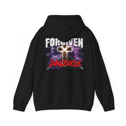  Forgiven & Dangerous Hoodie back with full storm lightning cross and lion design, bold Christian faith sweatshirt  

