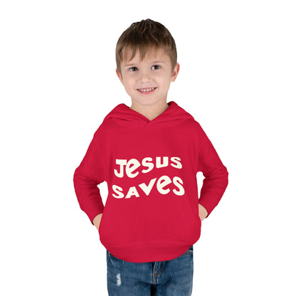 Kids' hoodie with 'Jesus Saves' text and cross graphic, vibrant Christian faith apparel for children.