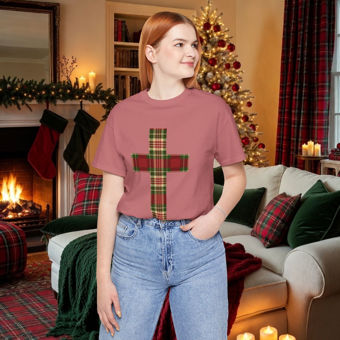 Plaid Cross Christmas Tee – Rustic Faith Holiday T-Shirt