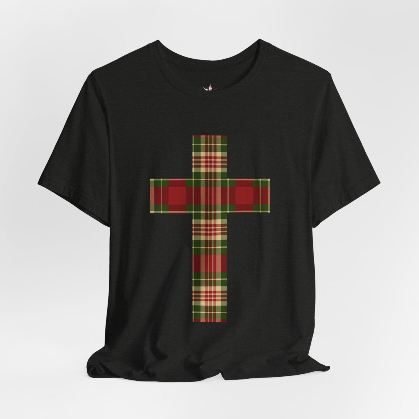 Plaid Cross Christmas Tee – Rustic Faith Holiday T-Shirt