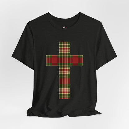 Plaid Cross Christmas Tee – Rustic Faith Holiday T-Shirt