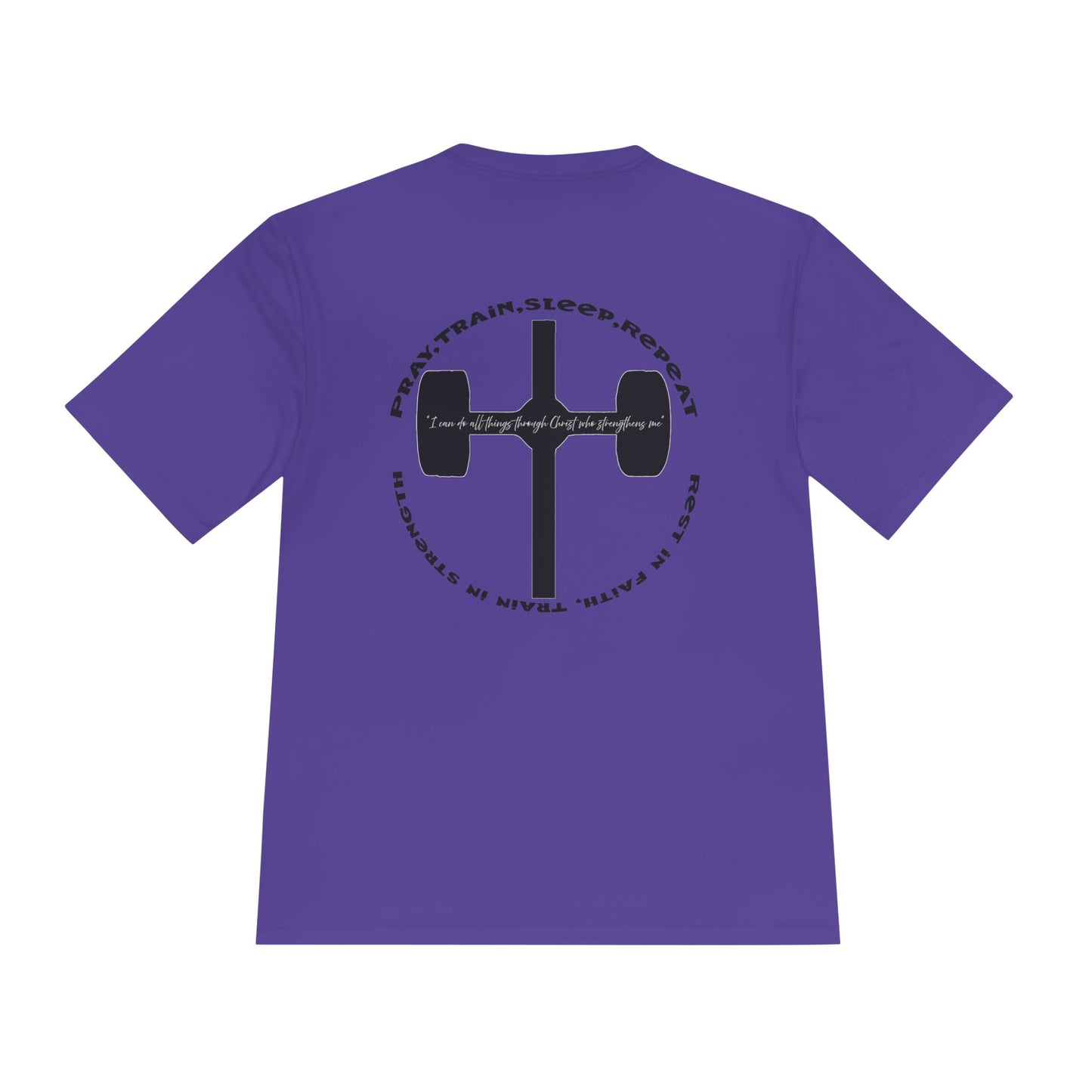 Men's black moisture-wicking performance tee with 'Pray, Train, Sleep, Repeat' text and barbell-cross graphic, Christian fitness apparel.


