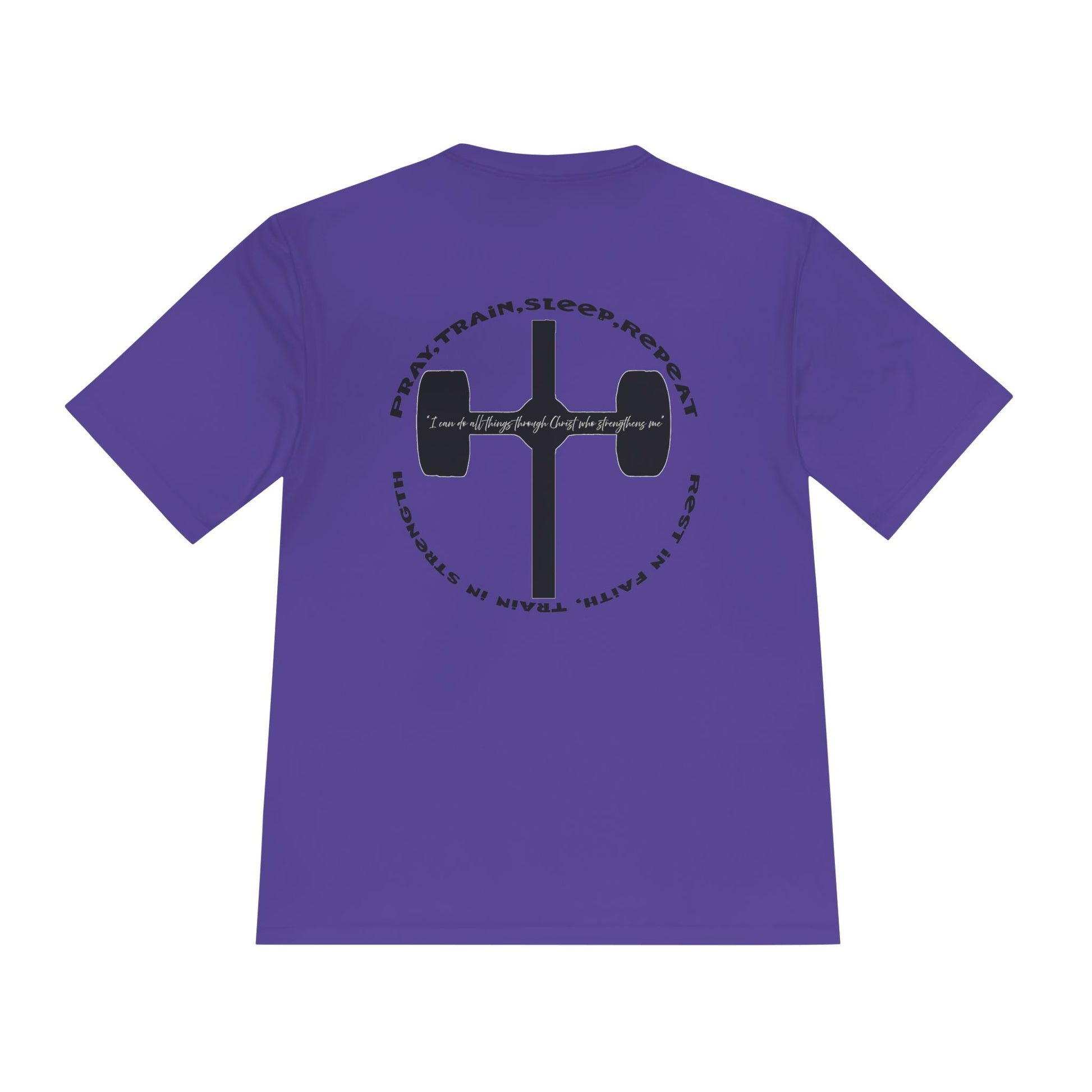 Men's black moisture-wicking performance tee with 'Pray, Train, Sleep, Repeat' text and barbell-cross graphic, Christian fitness apparel.


