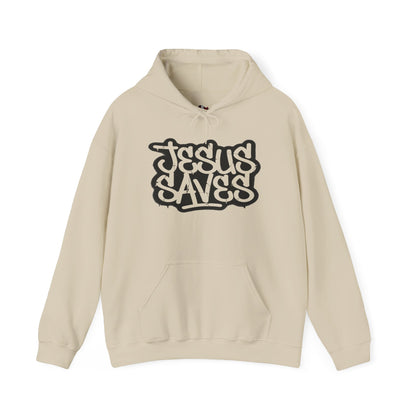 Jesus Saves graffiti hoodie front view white unisex  

