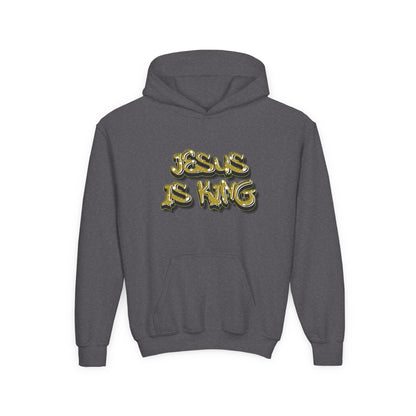Youth gold on black 'Jesus Is King' hoodie, urban Christian apparel for young believers.

