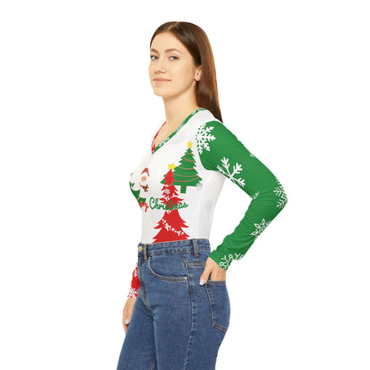 Women's Merry Christmas V-Neck Long Sleeve Shirt - Festive Santa Tree Sweater Top, Holiday Graphic Tee for Cozy Winter Outfits